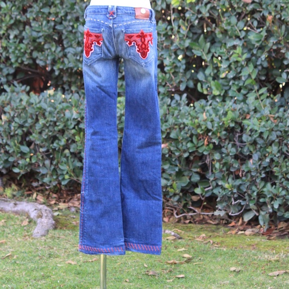 Y2K Antik Denim Gorgeous red velvet embroidered jeans - vintage - Picture 3 of 8